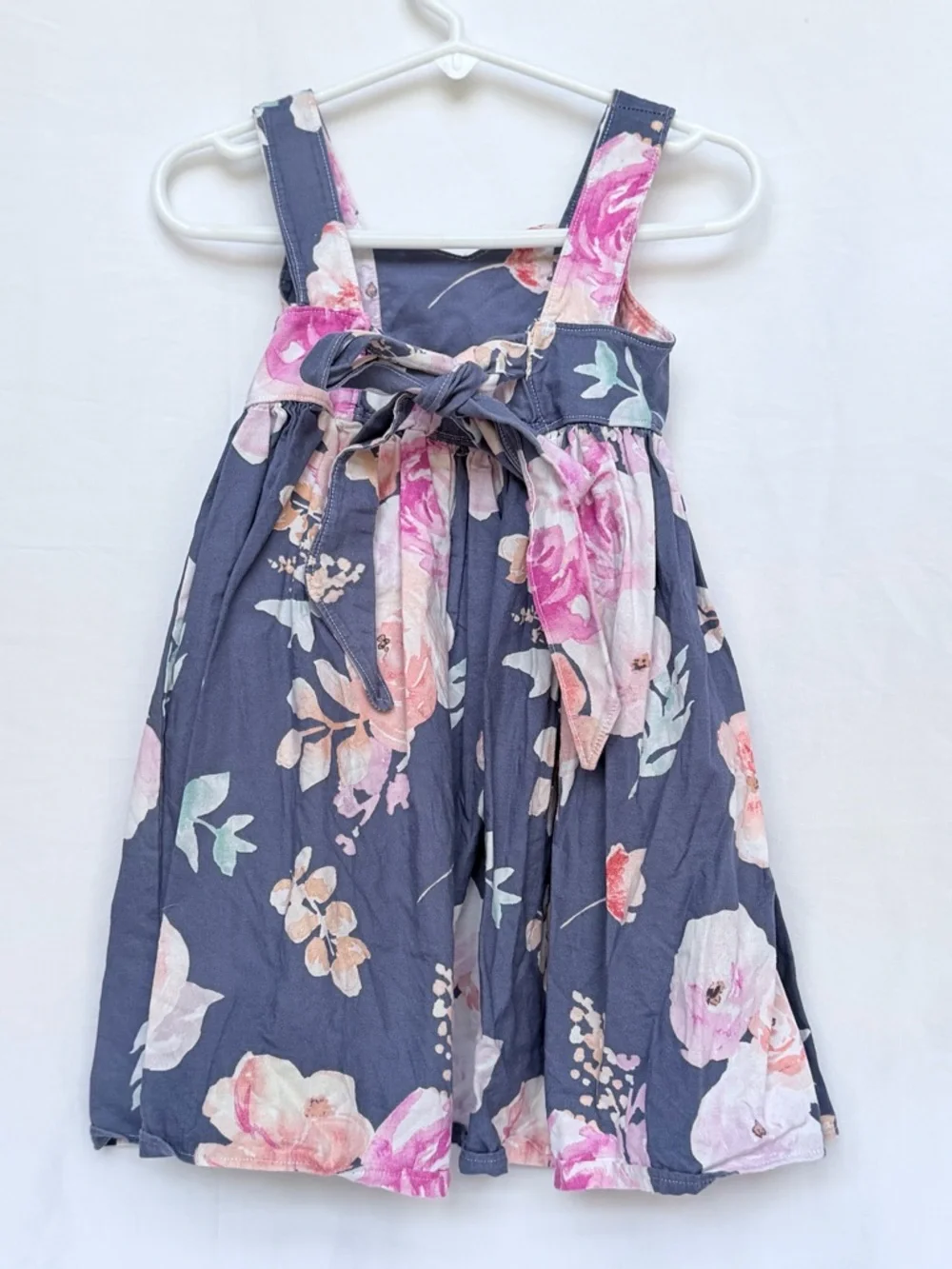 Navy Floral Cotton Sundress for Girls with Pink and Cream Blooms
